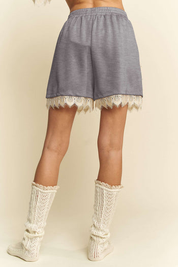 Davi & Dani Pearl Embellished and Lace Trim Shorts in Grey