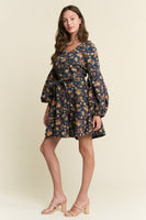 J.nna Denim Floral Print Belted Mini Dress in Dark Floral Denim