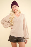 Very J OVERSIZED Two Toned Otto Ribbed Top in Oatmeal
