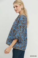 Umgee Mix Abstract Print Balloon Sleeve Blouse in Brown Mix