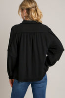Umgee Cotton Gauze Collared V-Neck Top with Frays in Black