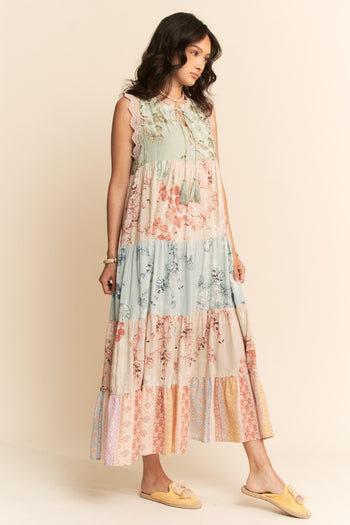 Davi & Dani Mixed Print Floral Color Block Maxi Dress in Sage Multi