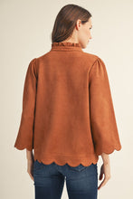 Load image into Gallery viewer, Jodifl Scallop Edge Detail Faux Suede Top in Camel
