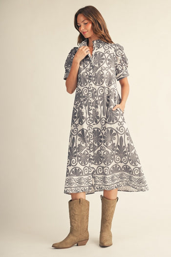 Jodifl Button Down Boho Floral Eyelet Midi Dress in Charcoal