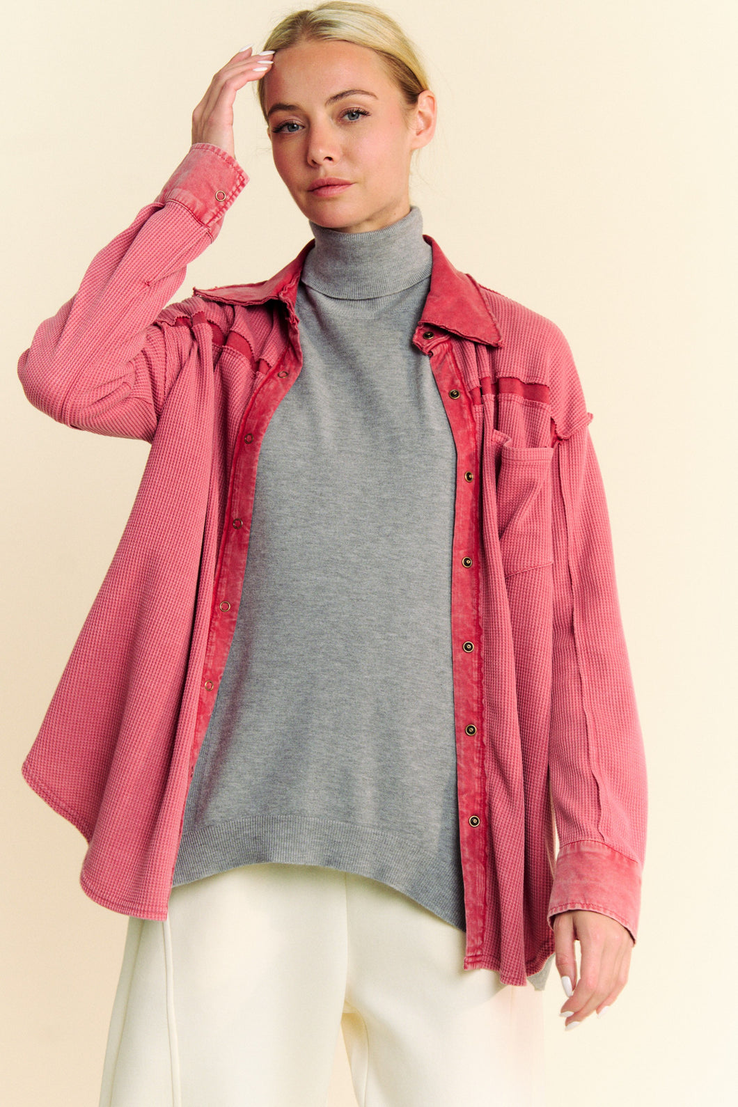 Davi & Dani Textured Knit Button Down Top in Indian Pink