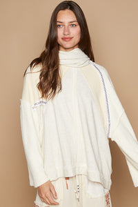 POL OVERSIZED Thermal and Terry Knit Oversized Top with Stud Trim Details in Oatmeal