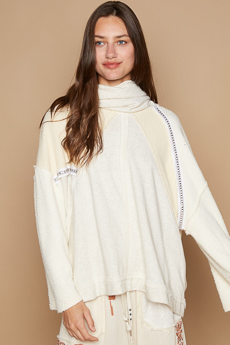 POL OVERSIZED Thermal and Terry Knit Oversized Top with Stud Trim Details in Oatmeal