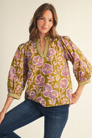 Jodifl Ruffled Neckline Floral Top in Green Moss