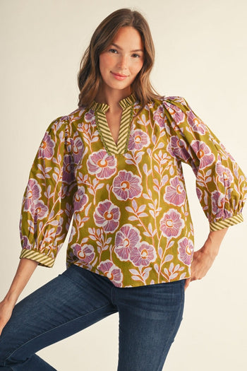 Jodifl Ruffled Neckline Floral Top in Green Moss