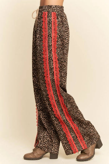 Davi & Dani Leopard Pants with Contrasting Lace Stripe in Brown Leopard