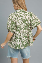 Load image into Gallery viewer, Umgee Floral Print Top with Contrasting Stripe Piping in Sage
