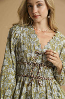 Umgee Floral Print and Leopard Print Accent Peplum Top in Mustard Green