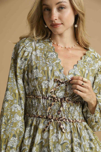 Umgee Floral Print and Leopard Print Accent Peplum Top in Mustard Green