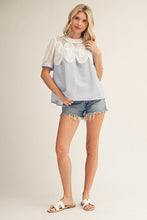 Load image into Gallery viewer, Jodifl Crochet Accent Stripe Blouse in Blue
