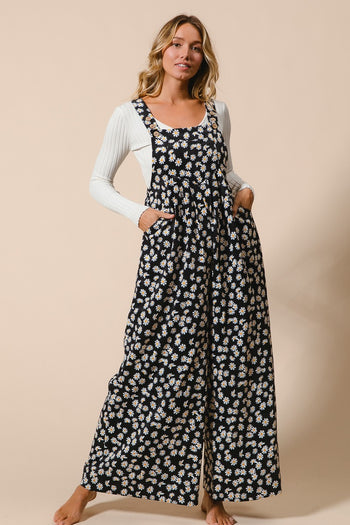 BiBi Daisy Print Textured Wide Leg Jumpsuit in Black