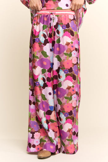 Davi & Dani Floral Print Wide Leg Pants in Berry Pink