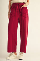 Jodifl Drawstring Waist Raw Cut Detail Sweatpants in Burgundy