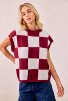 BiBi Contrasting Color Checkered Sweater Vest in Burgundy/Ivory