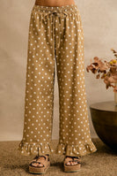 So Me Polka Dot Print Waist Elastic Ruffle Pants in Beige/White