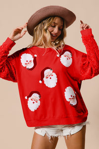 BiBi Santa Beard Patched Top with Velvet Sequin Sleeves in Red