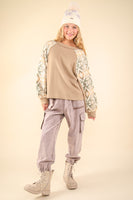 Very J OVERSIZED Knit Top with Aztec Print Sleeves in Olive