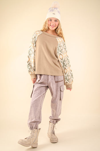 Very J OVERSIZED Knit Top with Aztec Print Sleeves in Olive