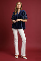 Umgee Solid Color Top with Embroidered Sleeves in Navy