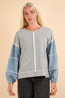 Very J OVERSIZED Terry Knit Top with Denim Sleeves in Heather Grey