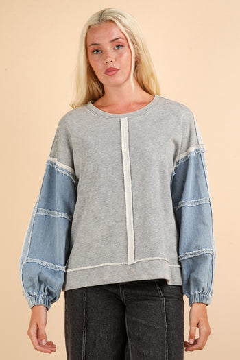 Very J OVERSIZED Terry Knit Top with Denim Sleeves in Heather Grey