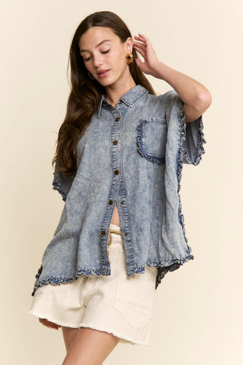 J.nna Denim Ruffle Edge Boxy Top in Denim