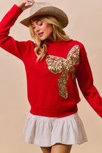 Load image into Gallery viewer, So Me Christmas Holiday Sequin Ribbon Bow Front Sweater in Red/Gold
