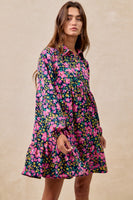 BiBi Floral Print Half Button Front Mini Dress in Navy/Fuchsia