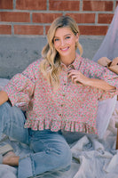 BiBi Pink Floral Ruffle Hem Button Down Blouse in Dusty Rose