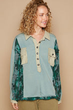 Load image into Gallery viewer, POL French Terry Top with Contrasting Color and Plaid Details in Teal Sage
