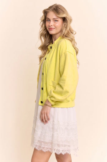 Davi & Dani Ribbed Cropped Bomber Cardigan in Butter Yellow