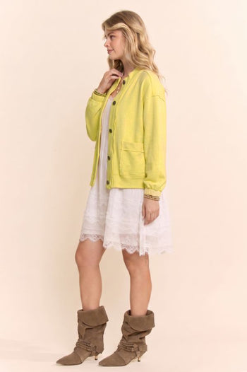Davi & Dani Ribbed Cropped Bomber Cardigan in Butter Yellow