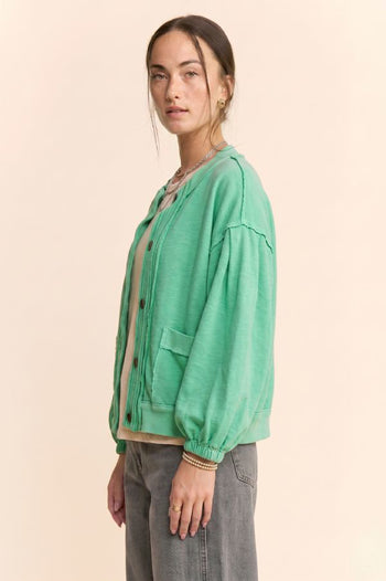 Davi & Dani Ribbed Cropped Bomber Cardigan in Mint