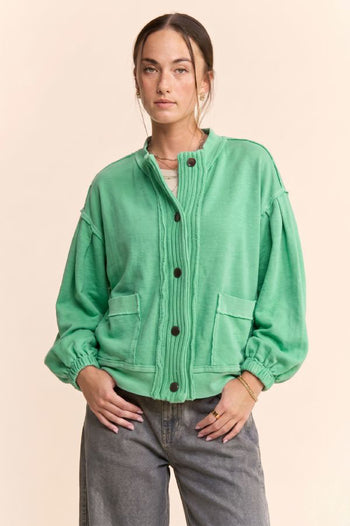Davi & Dani Ribbed Cropped Bomber Cardigan in Mint