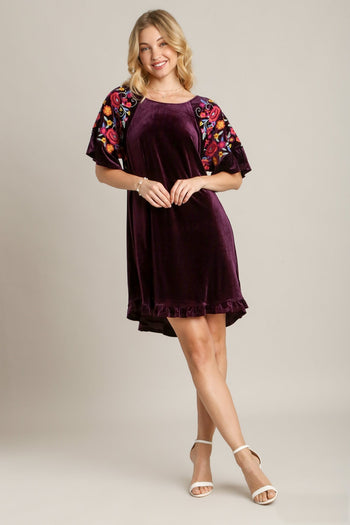 Umgee Velvet Mini Dress with Floral Embroidery in Eggplant