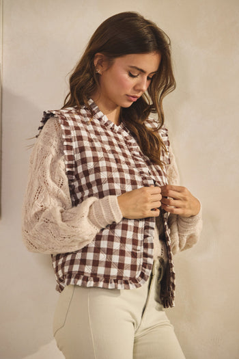 LovLov Ruffled Neck Checkered Vest in Mocha