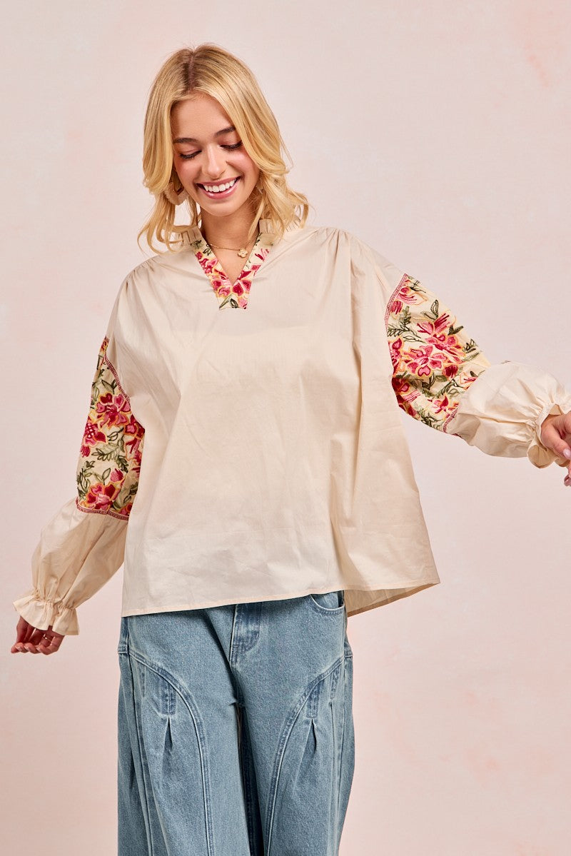 BiBi Solid Color Top with Embroidery Detail Sleeves in Cream