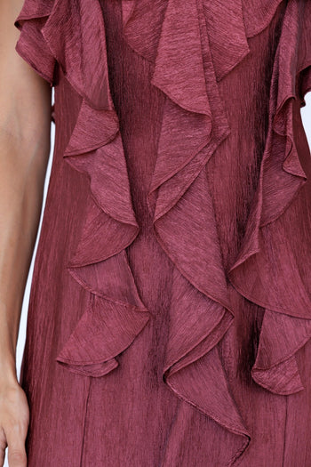 Storia Satin Ruffle V-Neck Dress in Raspberry