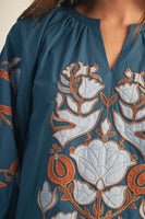 Jodifl Embroidered Baroque Floral Applique Top in Teal