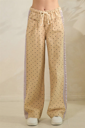Veveret Polka Dot Pants with Satin Lace Stripes in Khaki