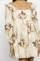 Storia Rose Print And Embossed Baby Doll Dress in Beige Floral