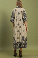 Umgee Border Print Smocked Detail Midi Dress in Charcoal