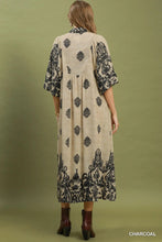 Load image into Gallery viewer, Umgee Border Print Smocked Detail Midi Dress in Charcoal
