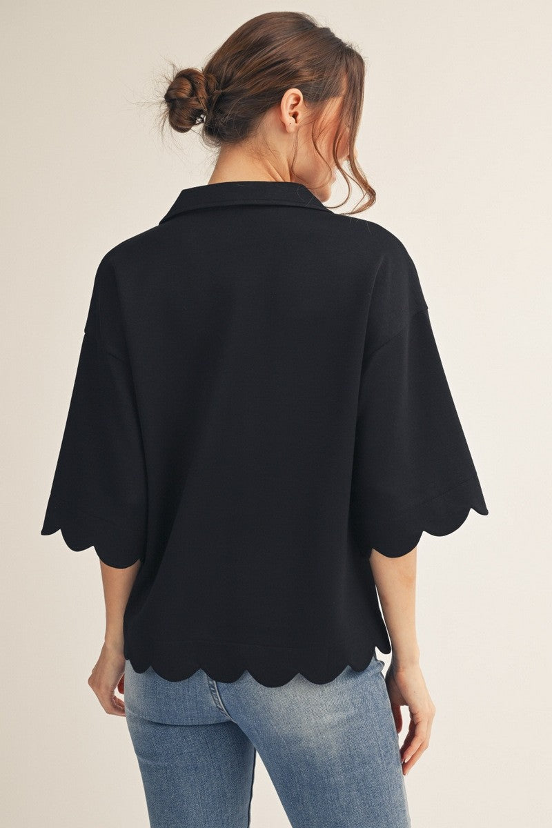 Jodifl Scallop Edge Top with Animal Print Detail in Black – June Adel