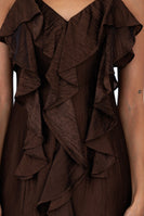 Storia Satin Ruffle V-Neck Dress in Brown