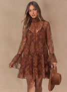 Lena Chiffon Floral Relaxed Fit Ruffled Mini Dress in Brown